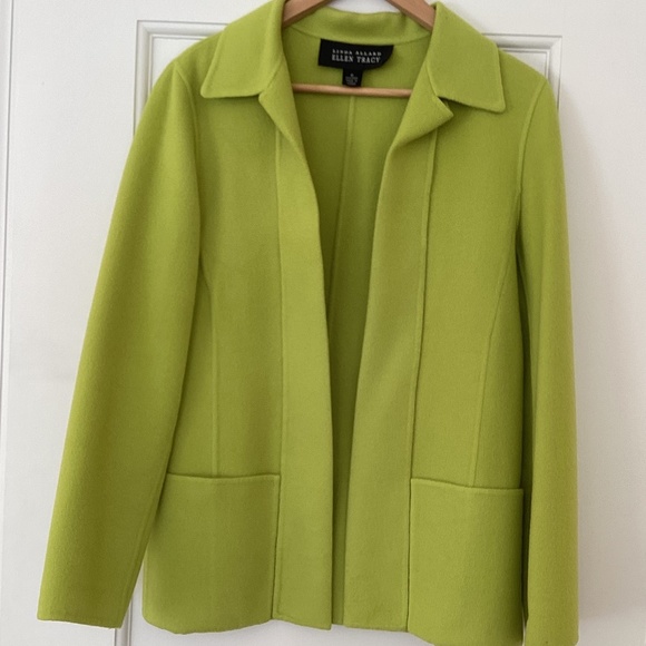 Linda Allard Ellen Tracy Chartreuse Green Open Front 100% Wool Jacket w/Pockets - Picture 4 of 7